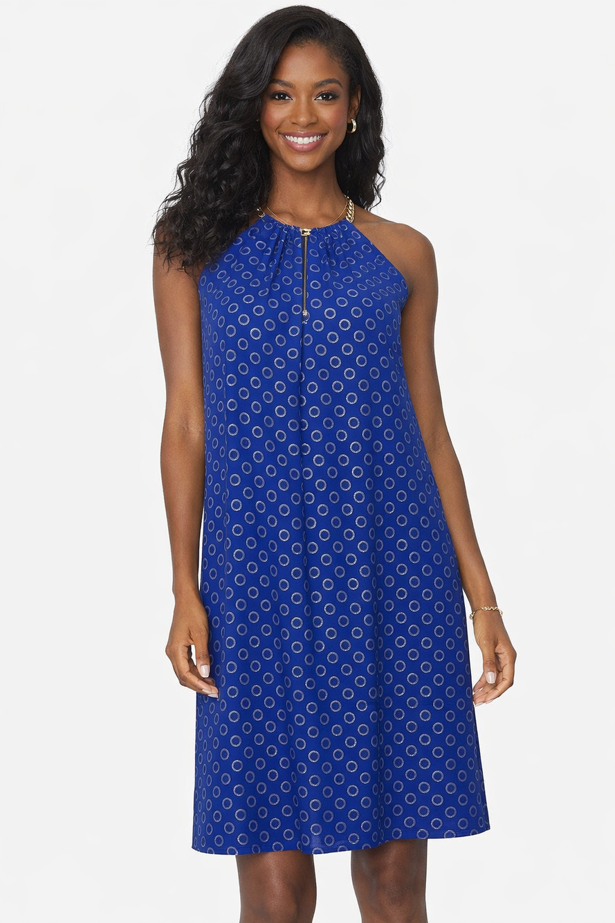 Michael Kors Chain Halter Neck Blue Gold Metallic Trapeze High Low Dress Size S
